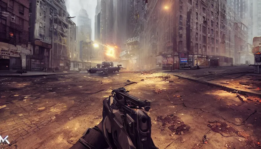 Image similar to fps shooter game in new york city ruins, video game, famas, firing, night, hyperdetailed, artstation, cgsociety, 8 k