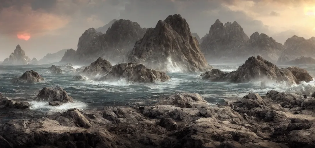 Image similar to octane render uhd, 8 k art photography, filmic lighting, cinematic art shot, hyperrealistic, hyperdetailed, super detailed, 8 k, high resolution, vast dark granite landscape with mysterious strangle glowing crystalline structure made of white rocks in the far distance, particle simulation, painting by ross tran and ivan aivazovsky, black water, sunset