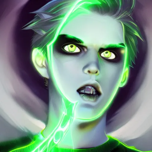 Image similar to A digital matte intricate illustration concept art of young Danny phantom with glowing green eyes and sharp teeth fangs alt art fashion inspired art by Charlie Bowater and WLOP and Mark Arian and Ross Tran + neon colors, symmetry , intricate complexity, epic composition, magical atmosphere, highly detailed, cinematic lighting + masterpiece, trending on artstation + 8k