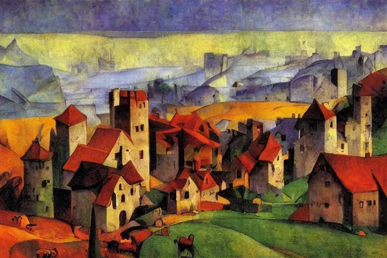 Image similar to a village of stone buildings built on the side of a hill, glowing with silver light, painting by Franz Marc, by Jean-Léon Gérôme, by Winsor McCay, today's featured photograph, 16K