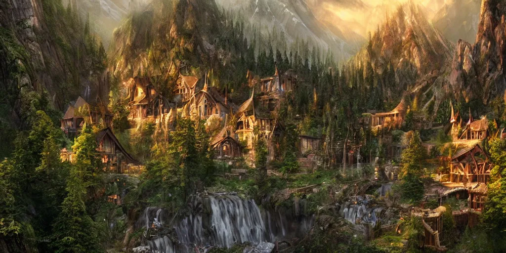 Image similar to elvish village. rivendell. mountains. beautiful forest. concept art. epic. cinematic. artstation.