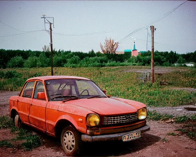 Image similar to a lomographic photo of old lada 2 1 0 7 standing in typical soviet yard in small town, hrushevka on background, cinestill, bokeh