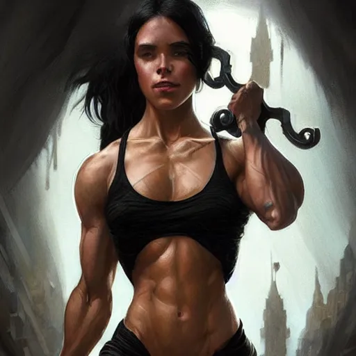 Image similar to a black haired athletic muscular woman in a black tank top, muscular upper body, abs, D&D, fantasy, intricate, elegant, highly detailed, digital painting, artstation, concept art, smooth, sharp focus, illustration, art by artgerm and greg rutkowski and alphonse mucha