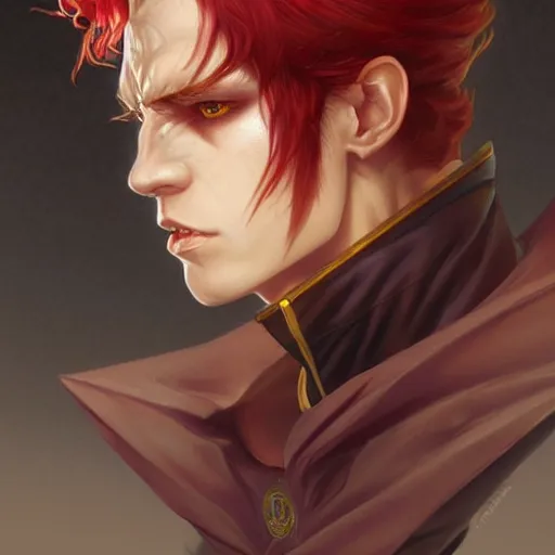 Image similar to portrait of hisoka morow hunter hunter, male, sharp jaw yellow eyes small eyes red hair crimson medium length hair, anime, fantasy, intricate, elegant, highly detailed, digital painting, artstation, concept art, matte, sharp focus, illustration, art by artgerm and greg rutkowski and alphonse mucha