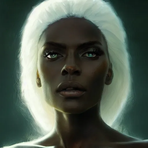 Prompt: A head-on detailed oil portrait of a beautiful black woman with pale green eyes and long white hair by greg rutkowski and artgerm, trending on artstation