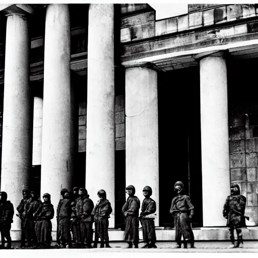 Prompt: a brutalist building with roman style ionized columns and german ww 2 soldiers standing in front