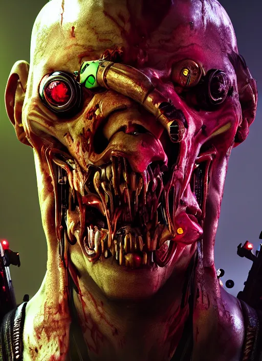 Image similar to cyberpunk portrait of zombie devil from doom, au naturel, hyper detailed, digital art, trending in artstation, cinematic lighting, studio quality, smooth render, unreal engine 5 rendered, octane rendered, art style by pixar dreamworks warner bros disney riot red dead redemption far cry doom cyberpunk 2 0 7 7 riot games and borderlands.