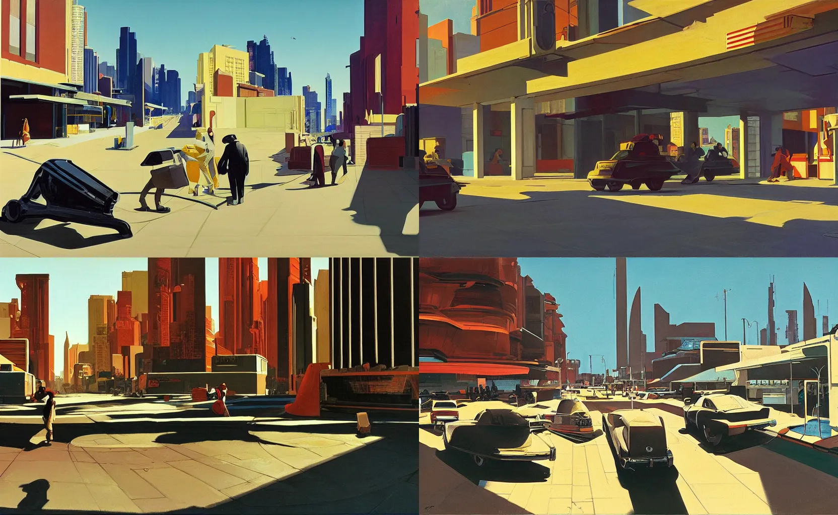 Prompt: the streets of a vast unusual alien city, painting by Syd Mead and Edward Hopper