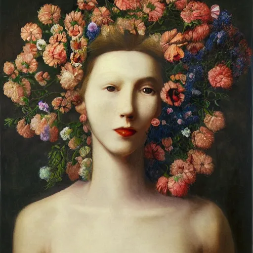 Image similar to portrait of a woman made of flowers and smoke