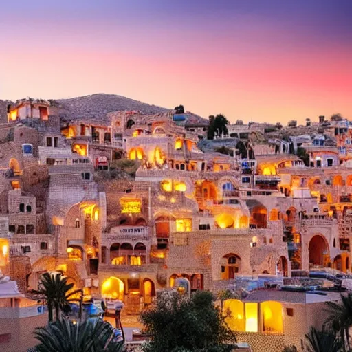 Image similar to a beautiful tirat carmel city with lots of glowing crystals, sunset lighting,