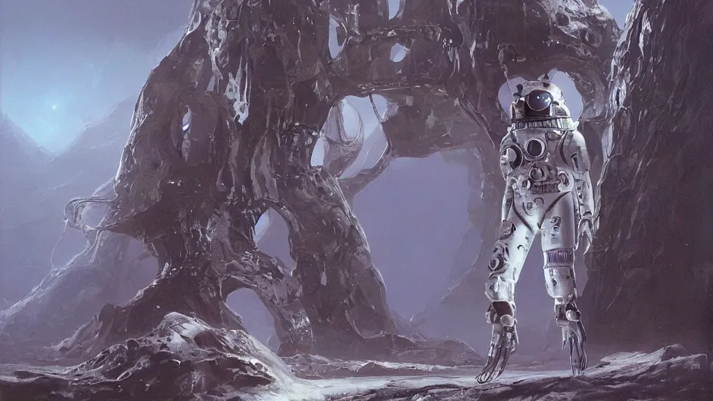 Image similar to futuristic organic spacesuit design by john schoenherr and glenn barr, epic cinematic matte painting