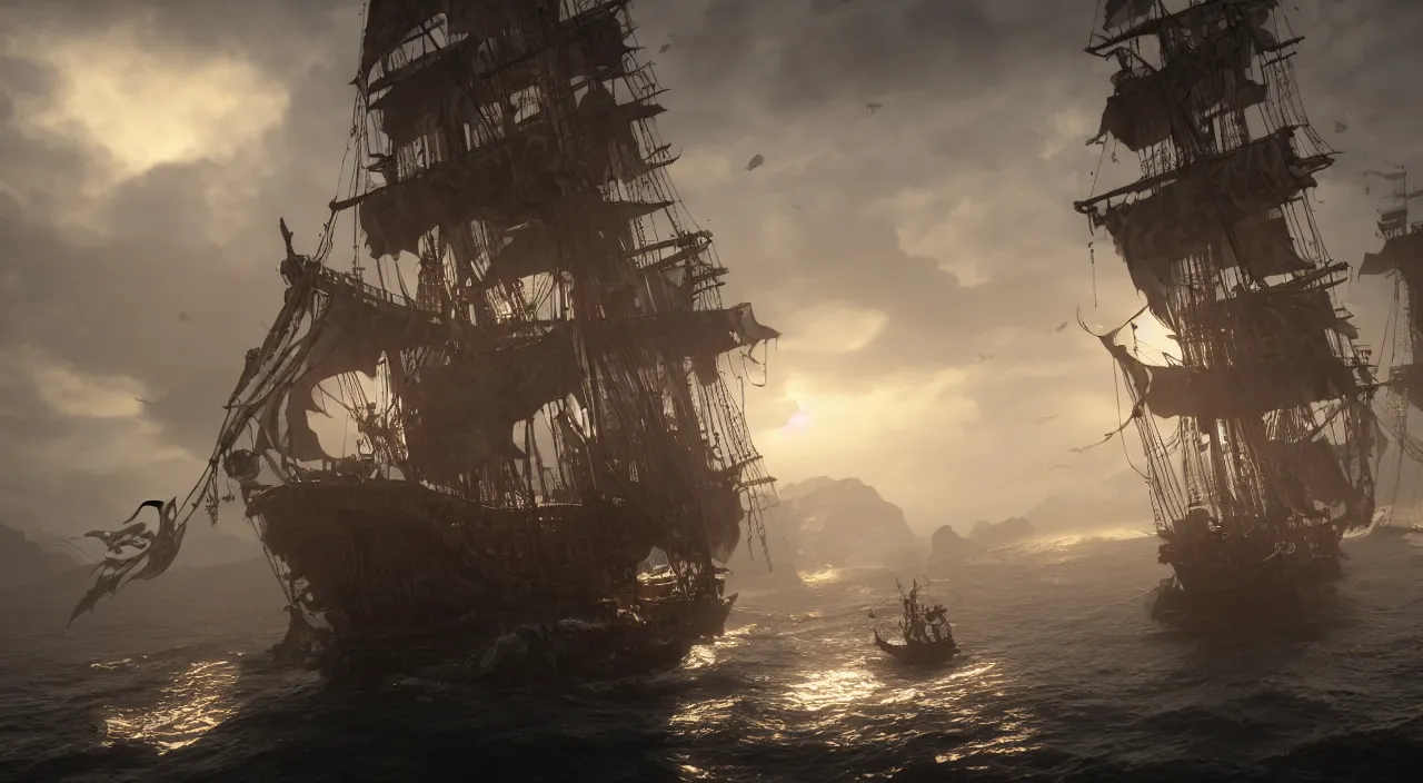 Image similar to ghost pirate ship with a pirate on the foreground, highly detailed, photorealistic portrait, bright studio setting, studio lighting, crisp quality and light reflections, unreal engine 5 quality render