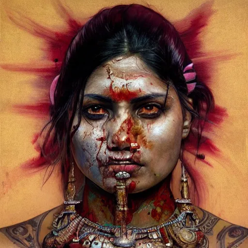 Image similar to portrait painting of a muscular bloodied indian girl butcher, tattooed, symmetric, fat, ultra realistic, concept art, intricate details, eerie, highly detailed, photorealistic, octane render, 8 k, unreal engine. art by artgerm and greg rutkowski and alphonse mucha