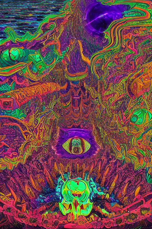 Prompt: futuristic universe, death of humanity, psychedelic dmt trip, detailed intricate, 8 k