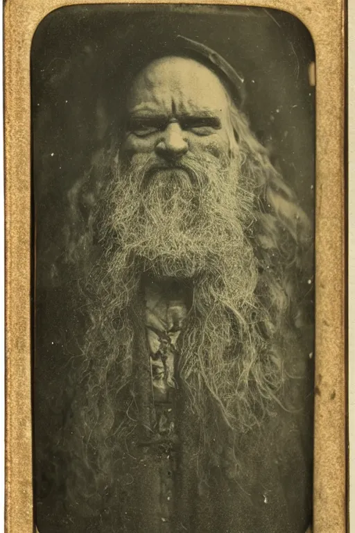 Prompt: a tintype photo of a dark and evil wizard