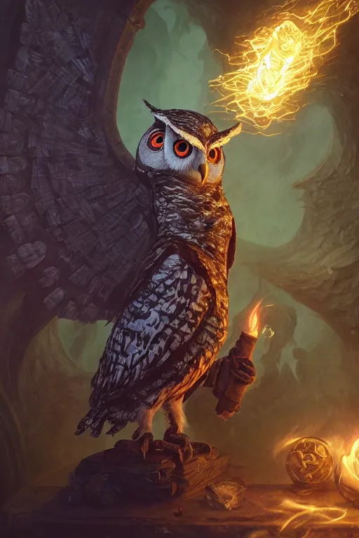 Image similar to closeup 3 5 mm anthropomorphic sorcerer owl casting a spell in a castle, d & d, fantasy, intricate, action pose, particle effects, highly detailed, digital painting, artstation, concept art, matte, sharp focus, volumetric lighting, illustration, hearthstone, art by artgerm, wlop, greg rutkowski and alphonse mucha