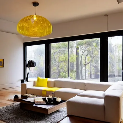 Prompt: Minimalistic Livingroom with a staircase, wooden floor, white L shaped couch, wooden coffee table, Big chandelier, Big Windows, Yellow Lights