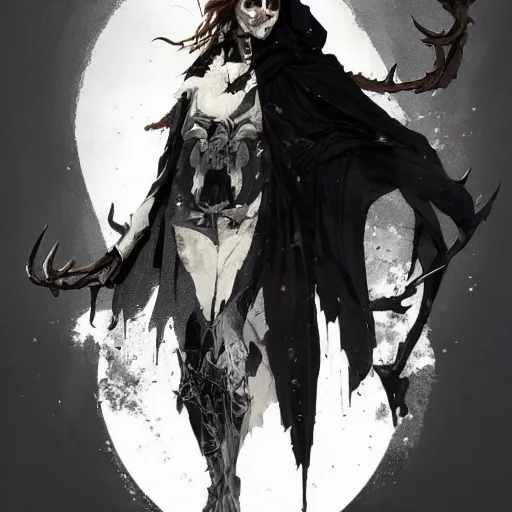 Prompt: portrait of a character wearing a black cloak, with a white mask in the shape of a deer skull, the mask covers her entire face, dramatic lighting, illustration by Greg rutkowski, yoji shinkawa, 4k, digital art, concept art, trending on artstation