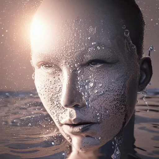 Image similar to water artwork manipulation in the shape of a human head, on the ocean water, ray tracing, realistic water sharp focus, long shot, 8 k resolution, cinematic, amazing water art, cgsociety, surreal water art