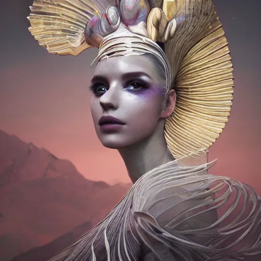 Prompt: an attractive, ethereal futuristic goddess madame wearing a costume head piece and make up. matte painting by Alessio Albi, Marta Syrko, Peter Mohrbacher, Artgerm and WLOP hyperdetailed 3d render of a geode made of geological layers and strata of painted concrete and glass in the style of Frank Stella. cgsociety. artstation. cycles
