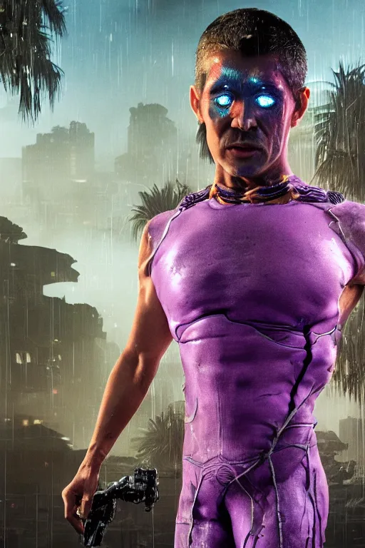 Image similar to A highly detailed rendered, close portrait of a mutant ringer, half human, in purple spandex suit, with scars on his face, high tech equipement attached to the body, in a tropical and dystopic city, in front of a garage, dried palmtrees, thick dust and red tones, bladerunner, cyberpunk, lost city, hyper-realistic environment, Epic concept art. Warhammer 40k