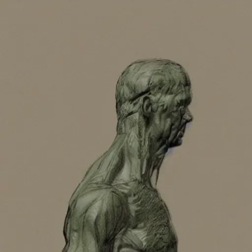 Image similar to scratch sketch of The thinker sculpture in the style of William Bartram with mushrooms at the base