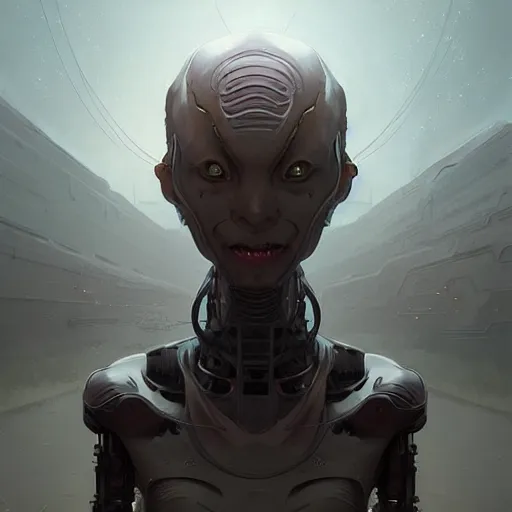 Image similar to professional ominous concept art portrait of a robot - human chimera character by artgerm and greg rutkowski. an intricate, elegant, highly detailed digital painting, concept art, smooth, sharp focus, illustration, in the style of simon stalenhag, wayne barlowe, and igor kieryluk.