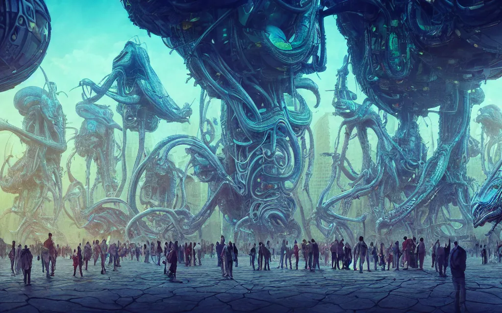 Image similar to a group of bizarre aliens in a high tech city on an alien planet, beautiful atmosphere, colorful, beautiful detailed intricate insanely detailed octane render trending on artstation, 8 k artistic photography, photorealistic, volumetric cinematic light, salvador dali, hieronymus bosch, alex grey, beksinski, giger,