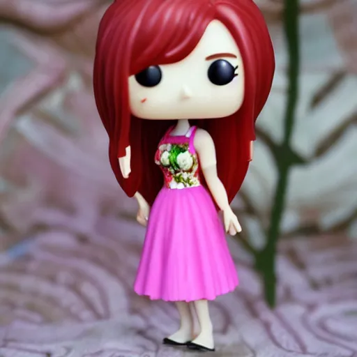 Prompt: skinny 19 year old white girl with long red hair in a flowery sundress, funko pop, highly detailed photo closeup sharp photo