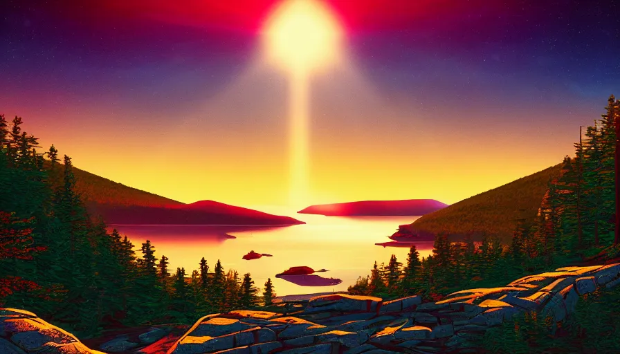 Prompt: a retrowave style artwork of acadia national park, a land of the dead, divine, hazy, volumetric lighting, spacetime bending, very detailed, serene, gold accents, washed out colors, beautiful artwork, master level composition, raytracing