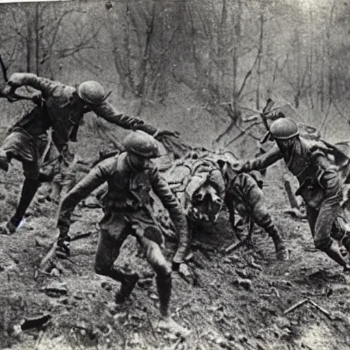 Prompt: WW1 trench with wolves attacking injured soldiers 1900s, horror photography