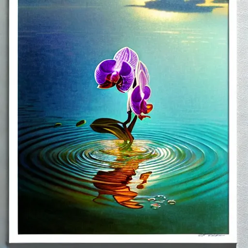 Image similar to detailed intricate orchid flower surrounded by ocean wave, water, ripples, transparent droplets, backlit, sunset, refracted lighting, art by collier, albert aublet, krenz cushart, artem demura, alphonse mucha