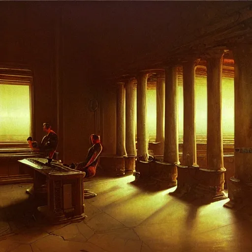 Prompt: painting of a syd mead scifi ancient civilzation victorian computer room with pillars, andreas achenbach. beksinski