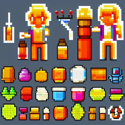 Image similar to pixel art, sprite, vector sheet, potions, magical, colorful, no background, very detailed, high resolution