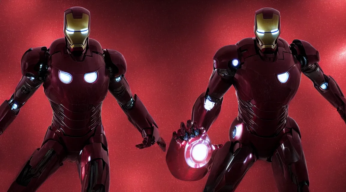 Image similar to black and red giger Iron man, movie frame, cinematic lighting