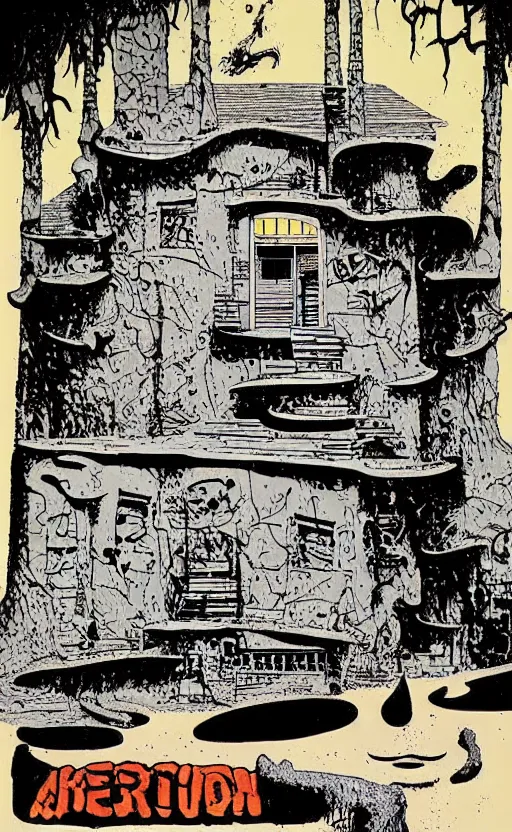 Prompt: an abstract whimsical house, by richard corben. pulp horror art, comic book art