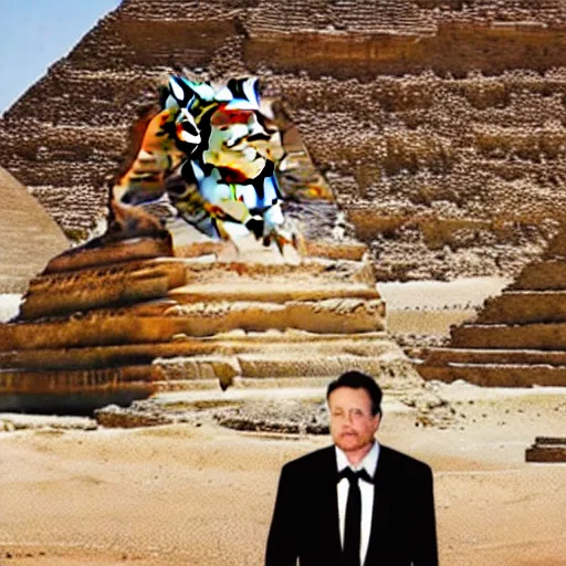 Image similar to elon musk dressed like an old egyptian, next to the pyramids, award winning photography