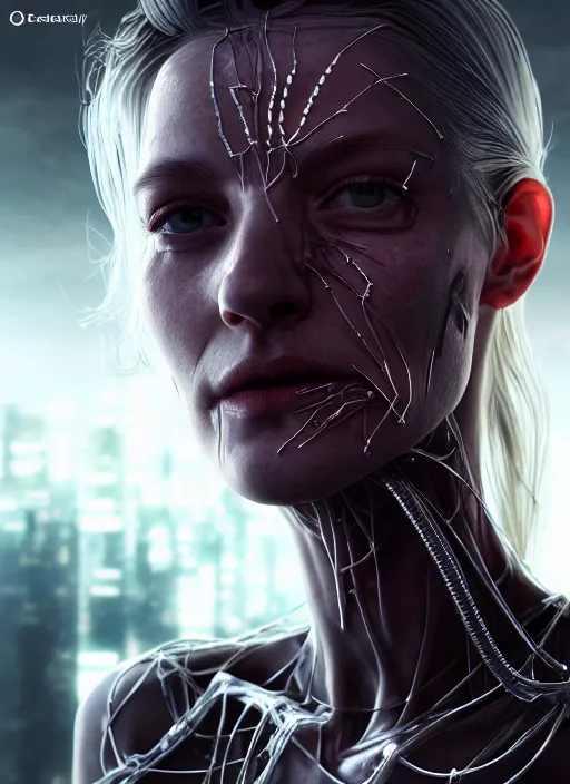 Image similar to 3 / 4 portrait, queen, crown, transparent skin, muscle, bones, veins, nerves, hyperrealism, detailed, photorealistic, cyberpunk apocalyptic city, futuristic, ultra realistic, cinematic, intricate, cinematic light, unreal engine 8 k, octane render, unreal engine by charlie bowater, david kostic, stanley lau, artgerm