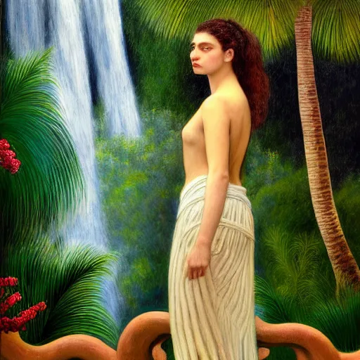 Image similar to a ultradetailed beautiful painting of lorde standing in front of the diamonds waterfall in the amazonas palace balustrade designed by jules bastien - lepage, tarsila do amaral, frank weston and gustave baumann, beach, trending on artstation, mediterranean, palm trees, sharp focus, soft light, 8 k 4 k