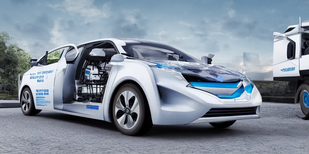 Image similar to hydrogen fuel cell vehicle, wide angle, intricate details, octane rendering.