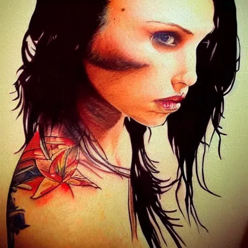 Image similar to realistic tattoo sketch of peta jensen face double exposure effect with a mountain scenery, in the style of matteo pasqualin, amazing detail, sharp