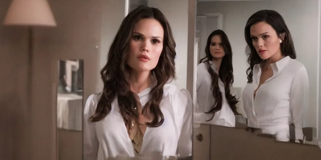 Prompt: ultra wide angle photo of rachel bilson dressed in a white blouse and black dress pants as diana prince looking at herself in a bathroom mirror and seeing her reflection as wonder woman