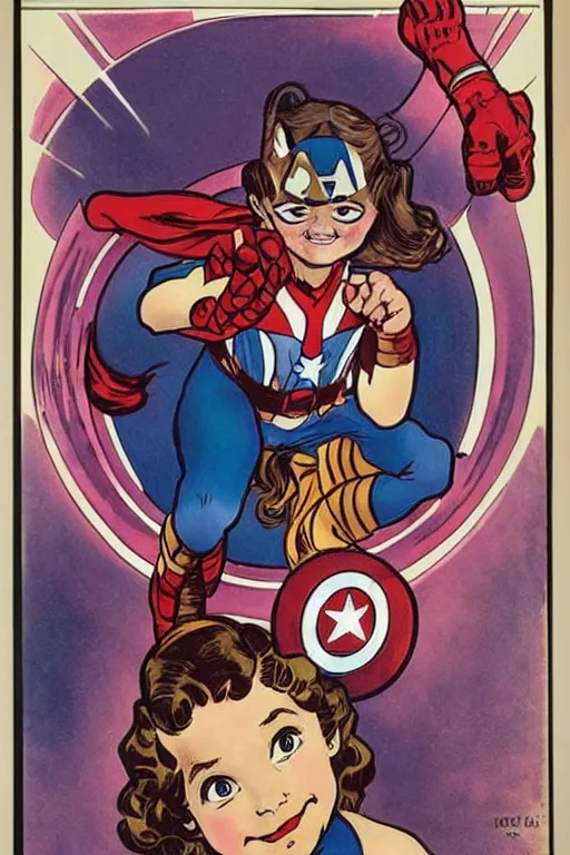 Prompt: a little girl with a mischievous face and light brown curly wavy hair. she is dressed as captain america, spider - man, batman, captain marvel, a superhero. clean elegant painting, beautiful detailed face. by steve ditko and jack kirby and alphonse mucha