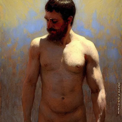 Prompt: a man with an inverted triangle body type, painting by Gaston Bussiere, Craig Mullins