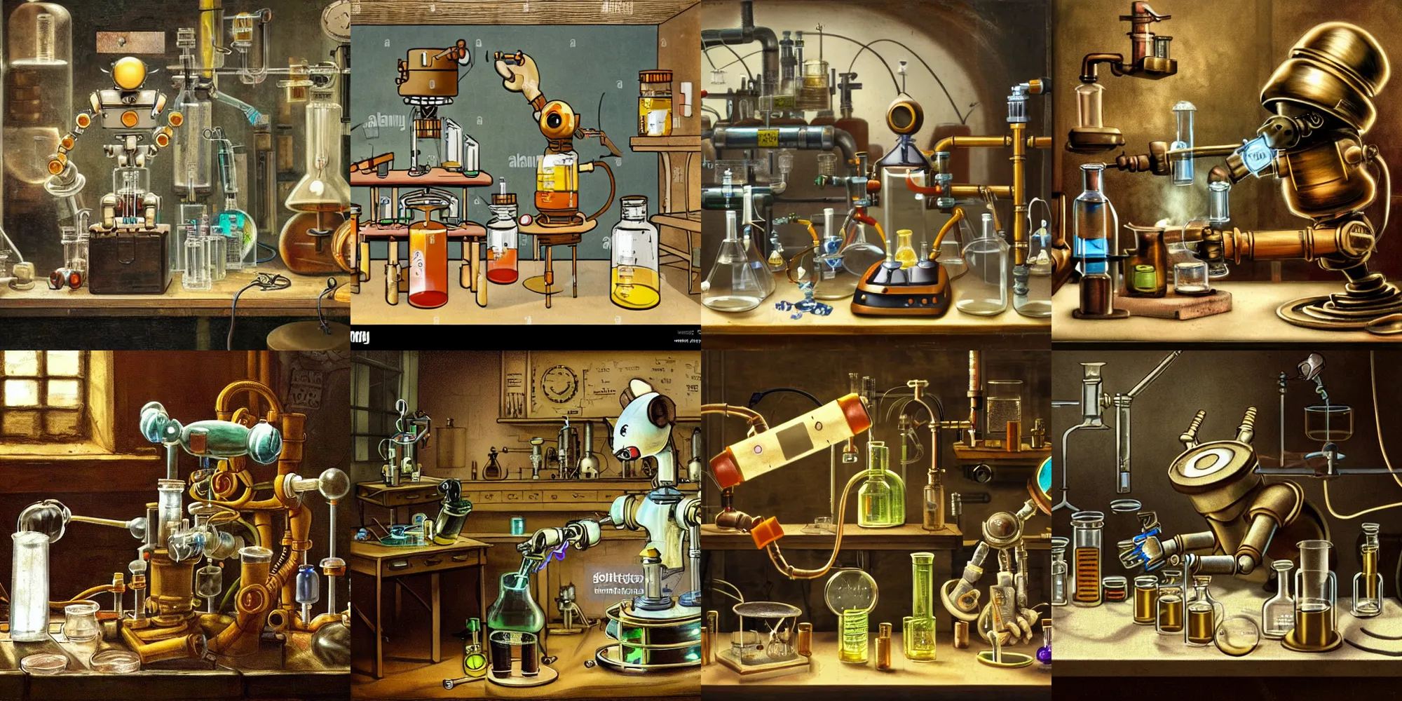 Prompt: a steampunk robot mouse performing a chemistry experiment at a lab bench, grimy, beakers are glowing, the lab is packed with equipment, renaissance painting, pastel colors