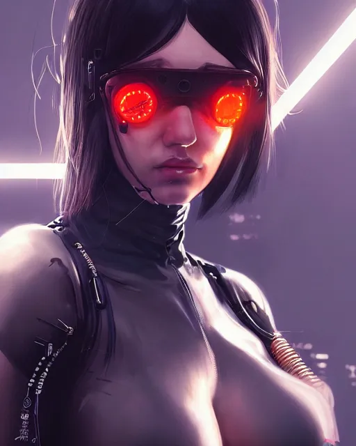 Prompt: girl wearing cyberpunk intricate catsuit, respirator, detailed portrait, cell shaded, 4 k, concept art, by wlop, ilya kuvshinov, artgerm, krenz cushart, greg rutkowski, pixiv. cinematic dramatic atmosphere, sharp focus, volumetric lighting, cinematic lighting, studio quality