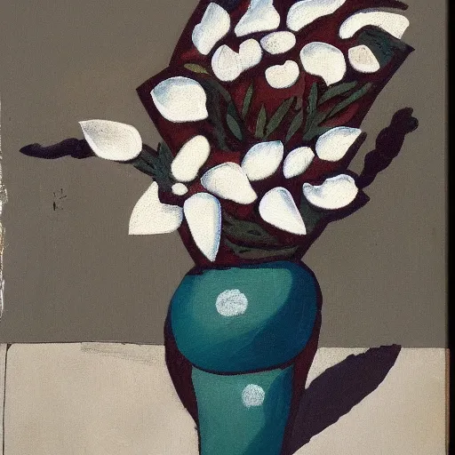 Prompt: flat painting of a vase of white flowers