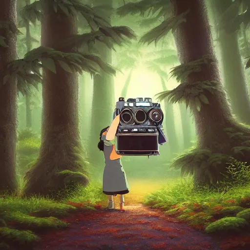 Image similar to illustration of totoro holding a large film camera, studio ghibli, pixar, high detail, award-winning, forest, digital painting, concept art, by Evgeny Lushpin