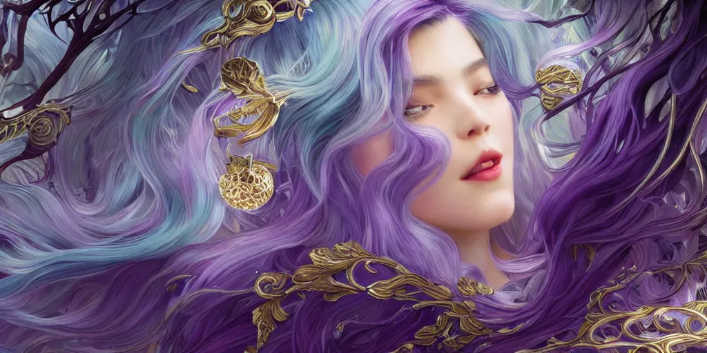 Image similar to wide angle, opalescent purple panther, metallic silver and ice color reflected crystal hair, leaping from babaob tree, fantasy, intricate, very beautiful, elegant, golden light, highly detailed, digital painting, artstation, concept art, smooth, sharp focus, unreal engine, art by wlop and tian zi and alphonse mucha