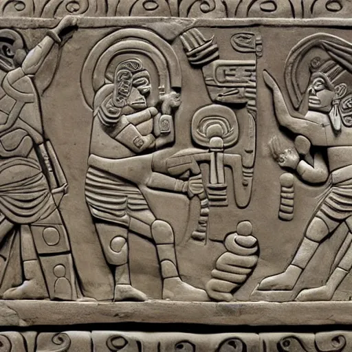 Prompt: Mayan bas relief depicting a funny scene from Seinfeld